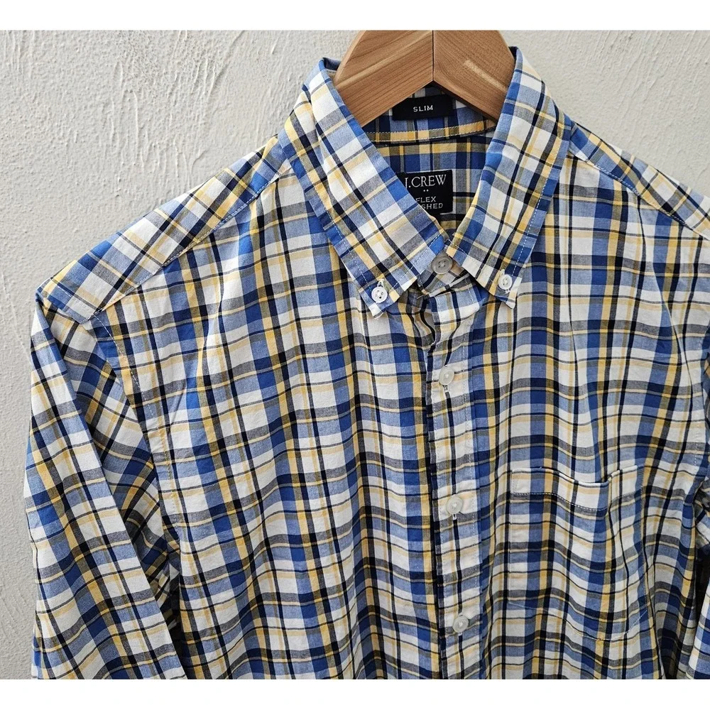 J.Crew‎ Shirt Men's Size Small Blue Yellow Plaid Flex Washed Slim Long Sleeve